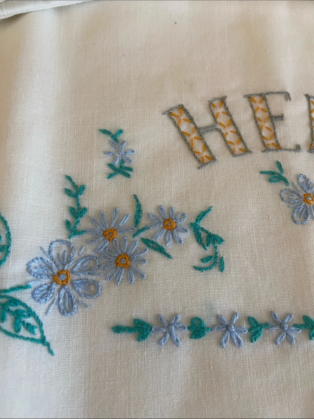Vintage White Embroidered HIS and HERS Pillow Shams with Blue Floral Accents